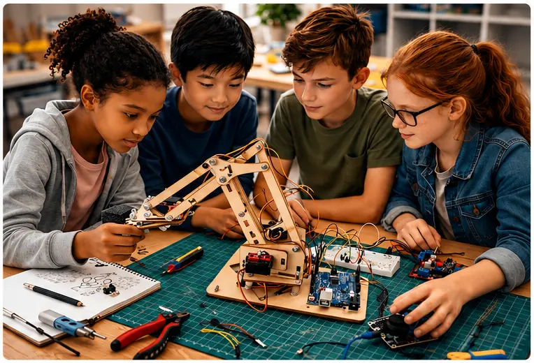 Learners building a robotic arm project